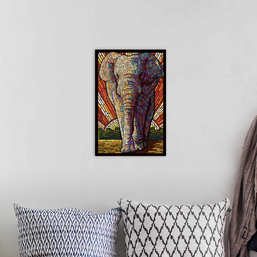 A bohemian room featuring Asian Elephant - Paper Mosaic: Retro Poster Art