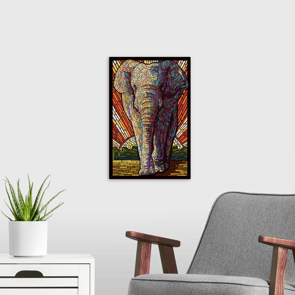 A modern room featuring Asian Elephant - Paper Mosaic: Retro Poster Art