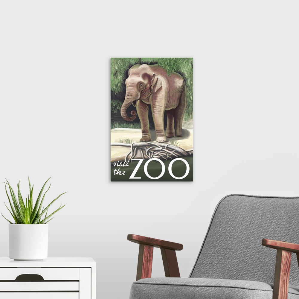 A modern room featuring Asian Elephant - Visit the Zoo: Retro Travel Poster