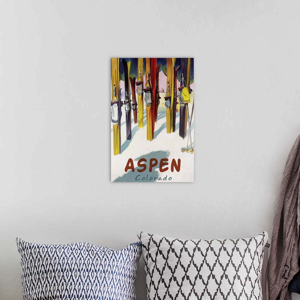 A bohemian room featuring Aspen, CO - Colorful Skis: Retro Travel Poster