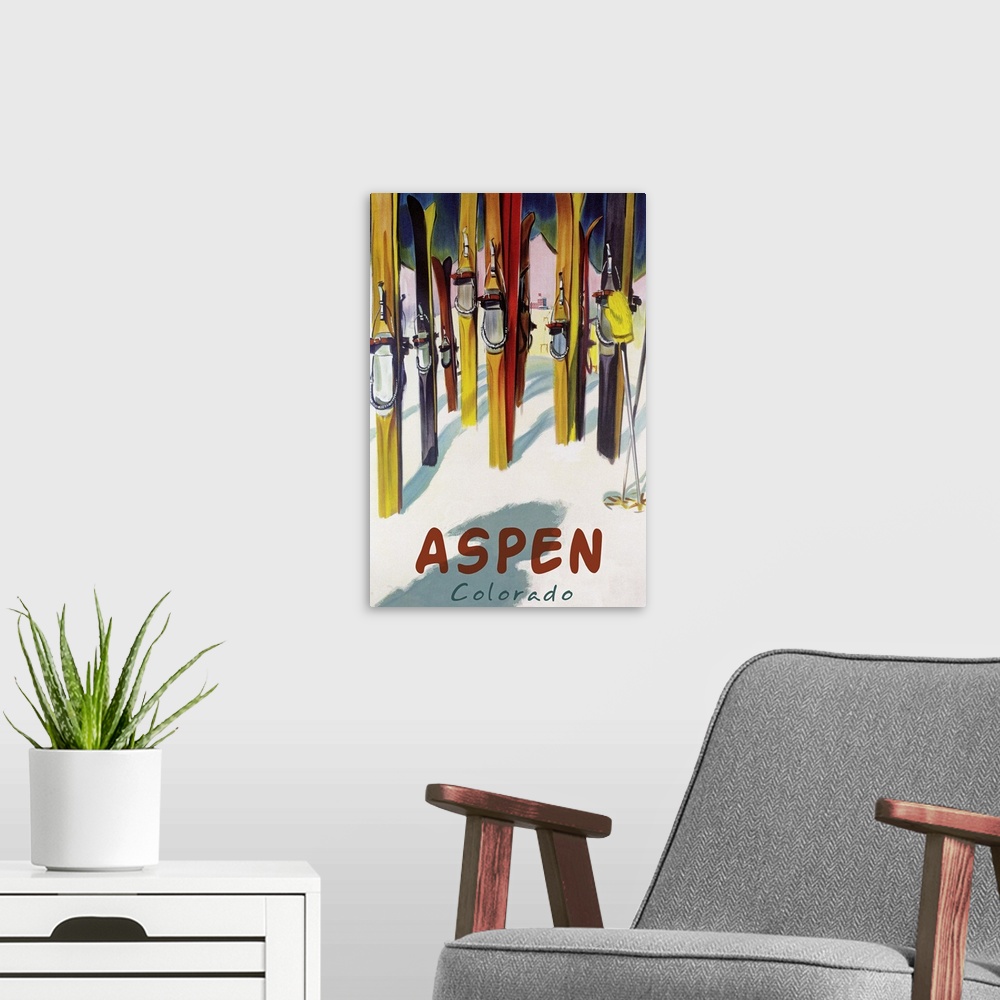A modern room featuring Aspen, CO - Colorful Skis: Retro Travel Poster