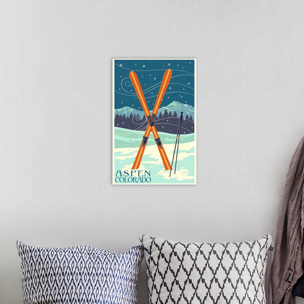 A bohemian room featuring Aspen, Colorado - Crossed Skis - Letterpress: Retro Travel Poster