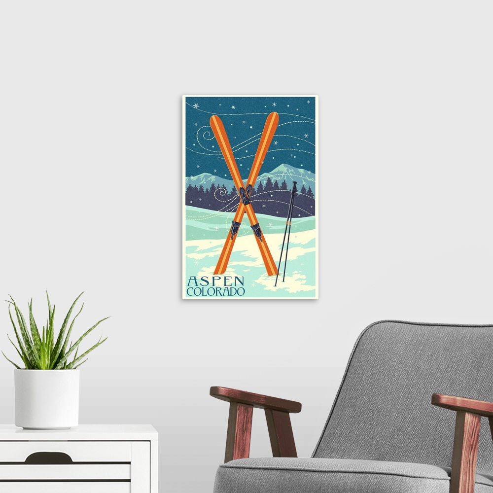 A modern room featuring Aspen, Colorado - Crossed Skis - Letterpress: Retro Travel Poster