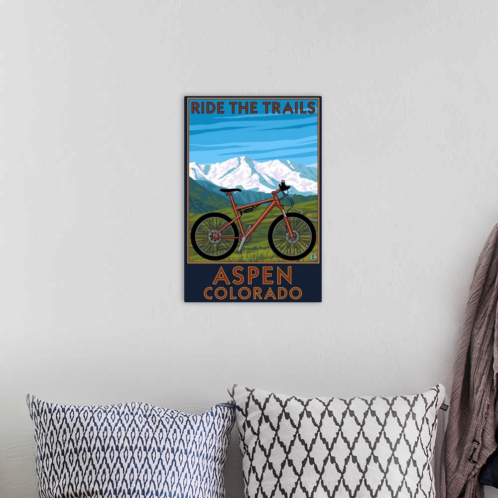 A bohemian room featuring Aspen, Colorado - Ride the Trails, Mountain Bike: Retro Travel Poster