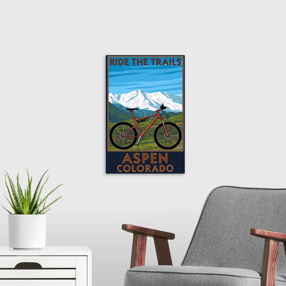 A modern room featuring Aspen, Colorado - Ride the Trails, Mountain Bike: Retro Travel Poster