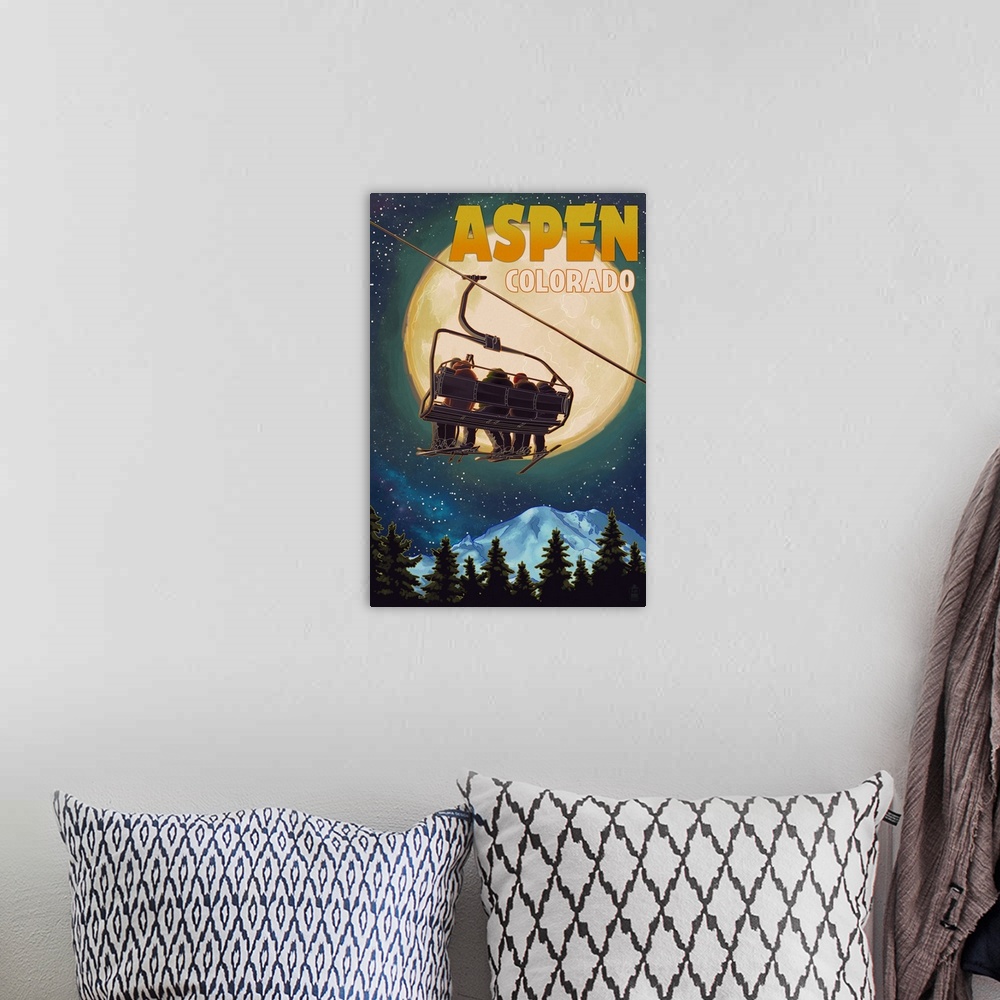 A bohemian room featuring Aspen, Colorado - Ski Lift and Full Moon: Retro Travel Poster