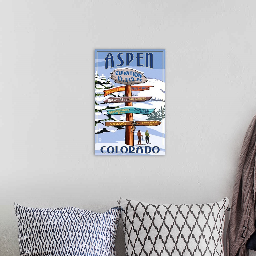 A bohemian room featuring Aspen, Colorado - Ski Signpost: Retro Travel Poster