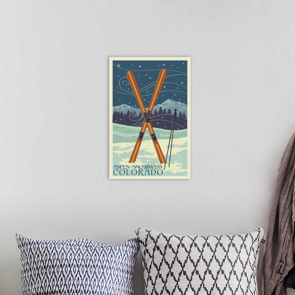 A bohemian room featuring Aspen - Snowmass, Colorado - Crossed Skis Letterpress: Retro Travel Poster