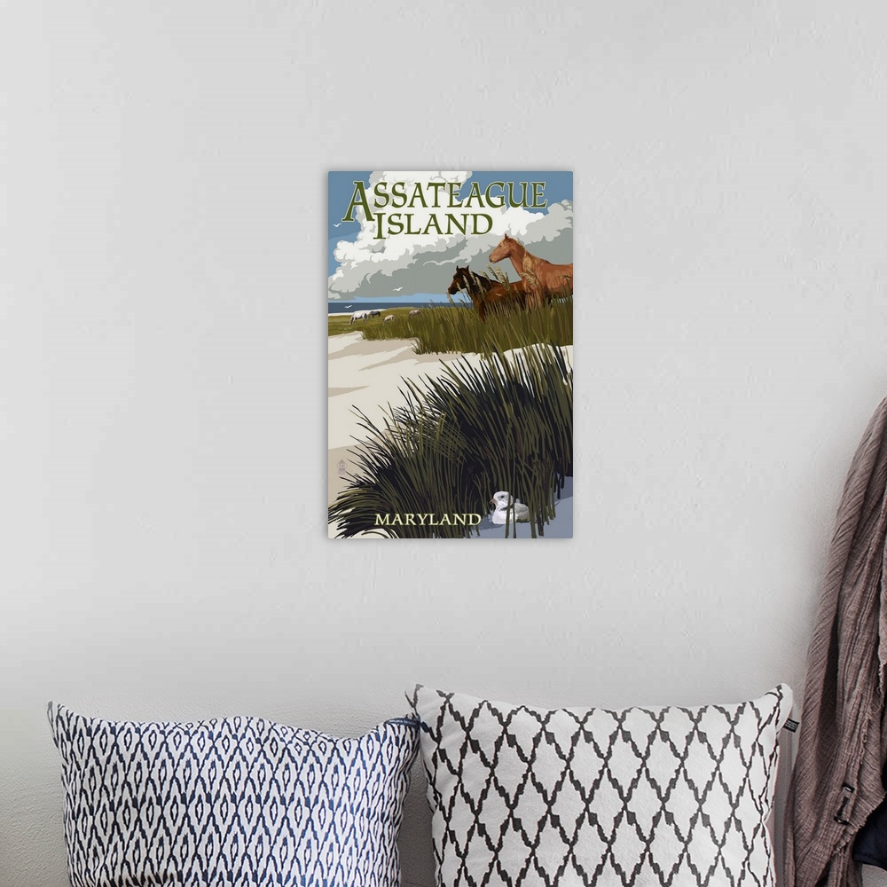 A bohemian room featuring Assateague Island, Maryland - Horses and Dunes: Retro Travel Poster