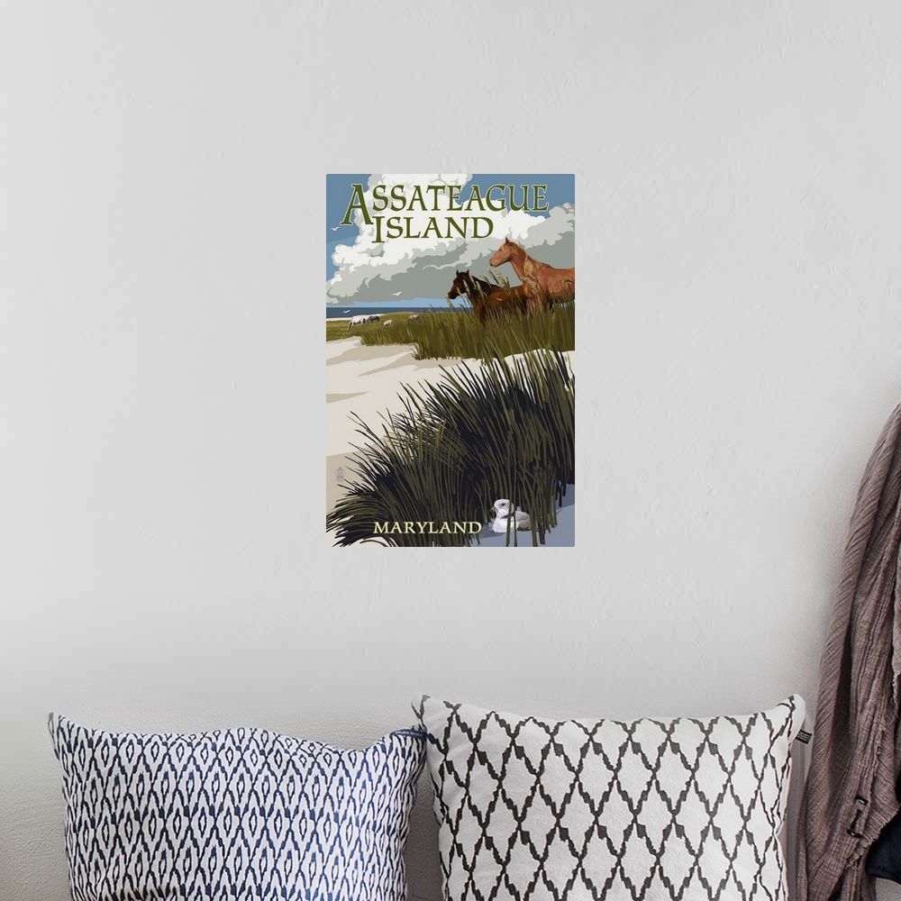 A bohemian room featuring Assateague Island, Maryland - Horses and Dunes: Retro Travel Poster