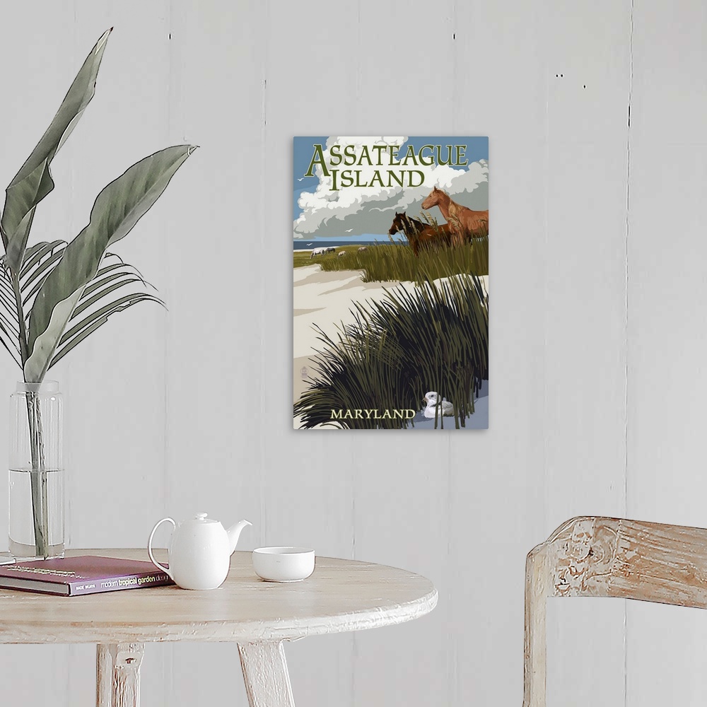 A farmhouse room featuring Assateague Island, Maryland - Horses and Dunes: Retro Travel Poster