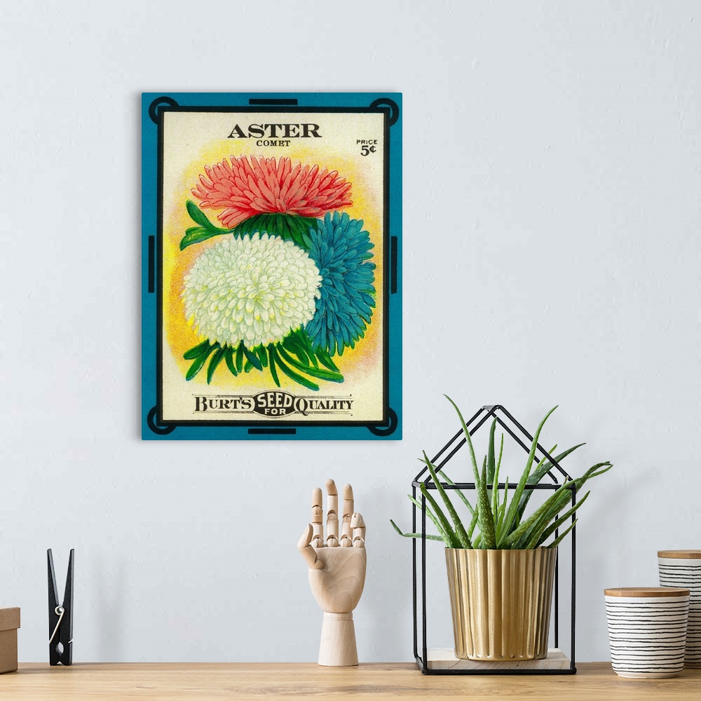 A bohemian room featuring A vintage label from a seed packet for Asters.