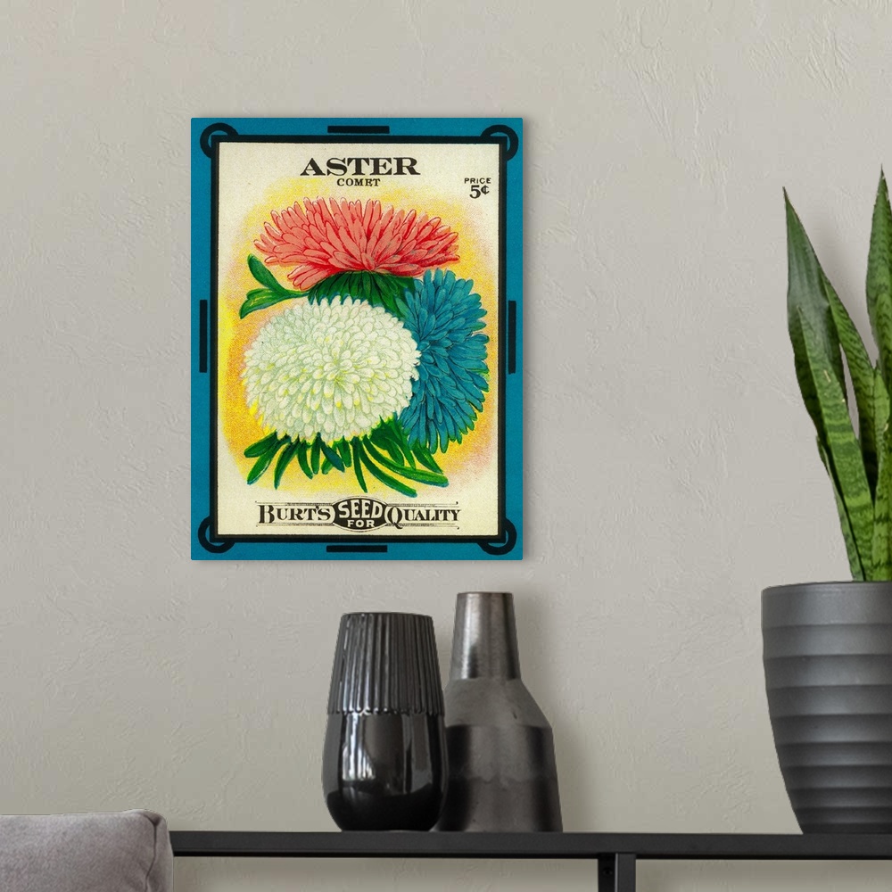 A modern room featuring A vintage label from a seed packet for Asters.