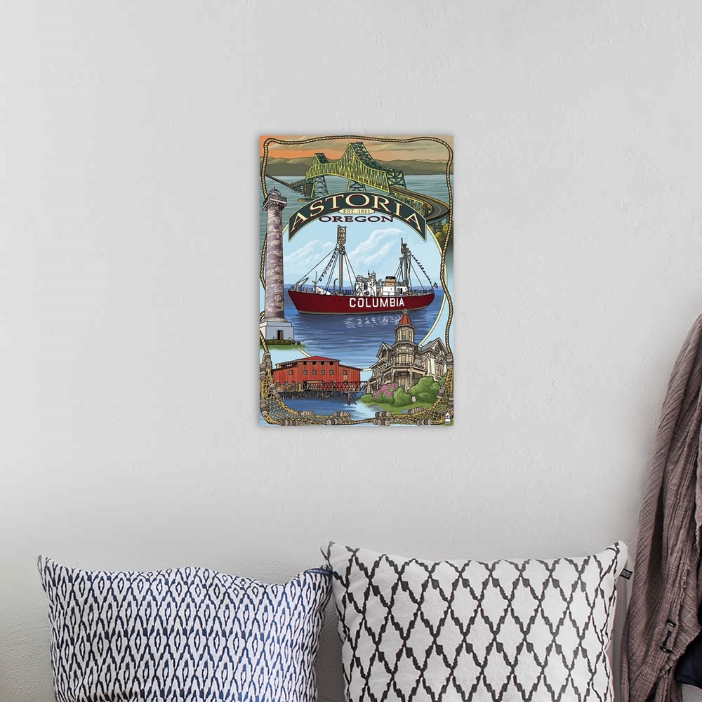 A bohemian room featuring Astoria, Oregon Montage: Retro Travel Poster