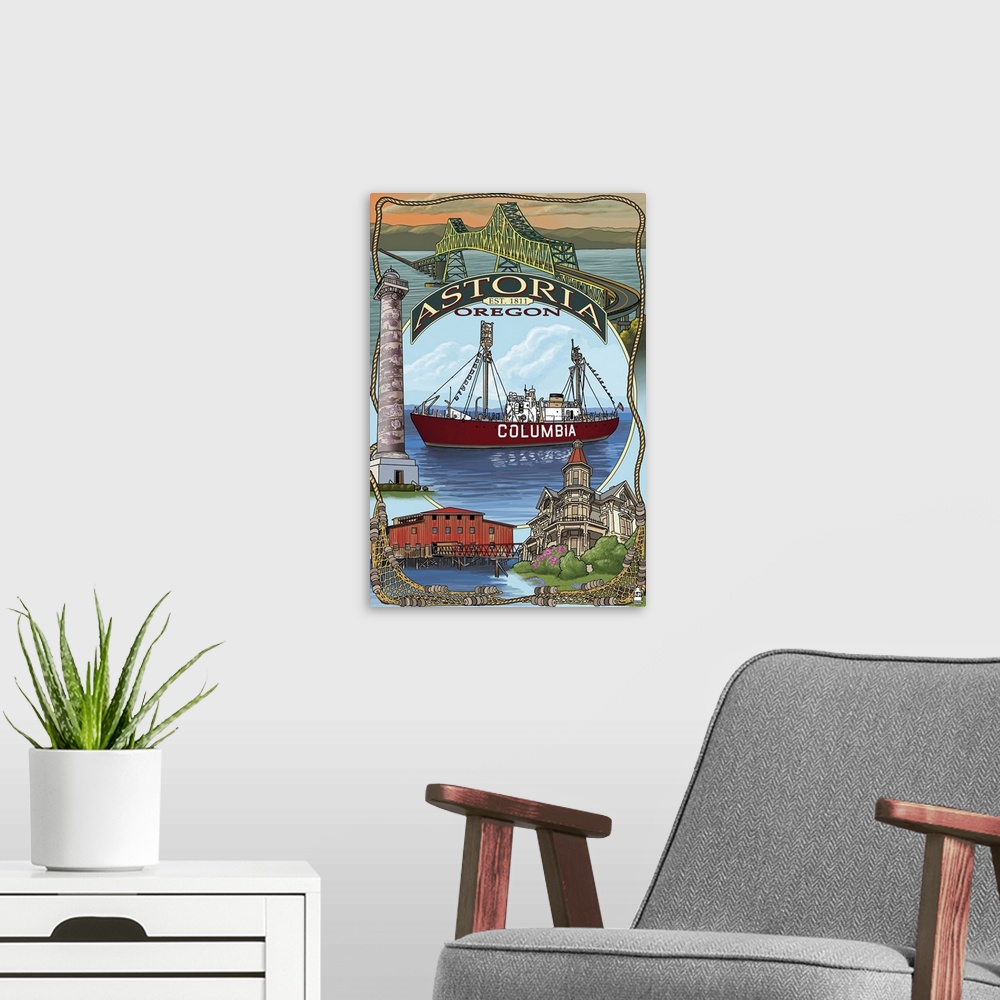 A modern room featuring Astoria, Oregon Montage: Retro Travel Poster