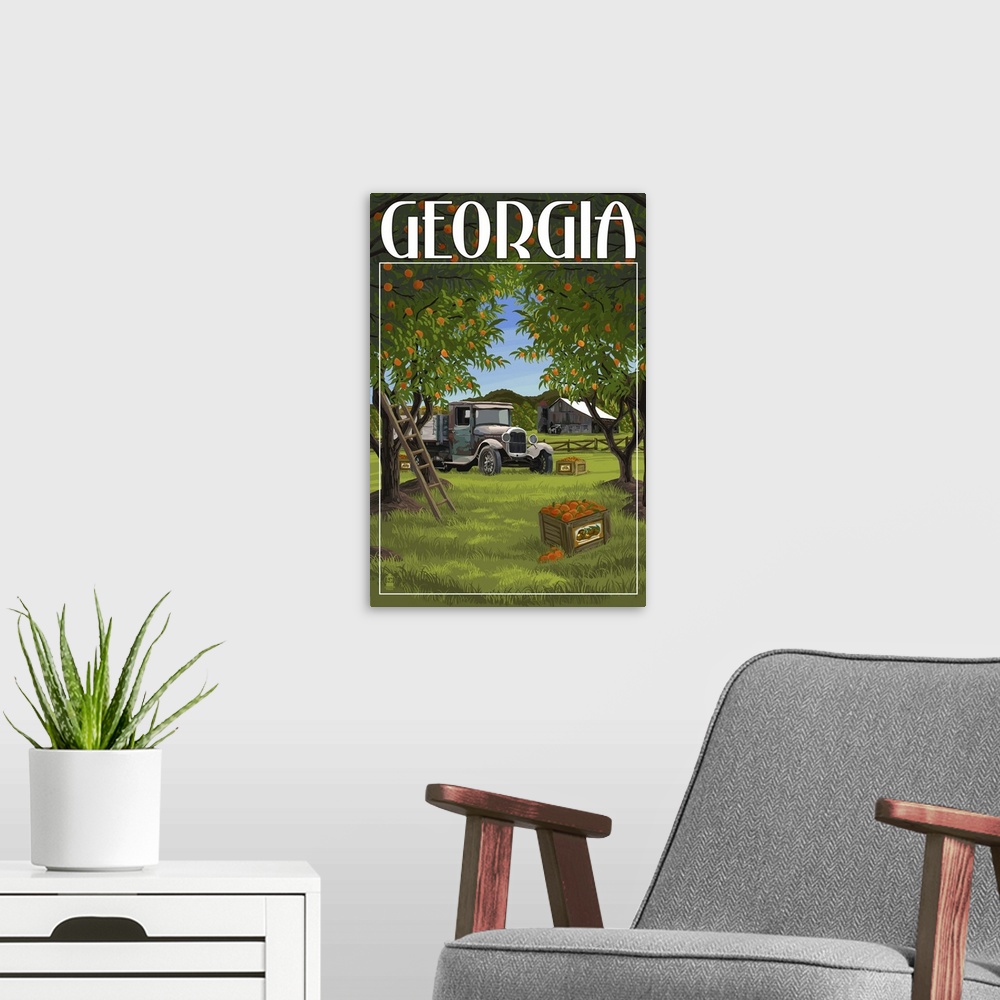 A modern room featuring Atlanta, Georgia - Peach Orchard: Retro Travel Poster