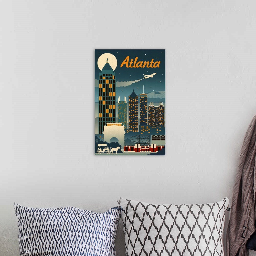 A bohemian room featuring Atlanta, Georgia - Retro Skyline: Retro Travel Poster