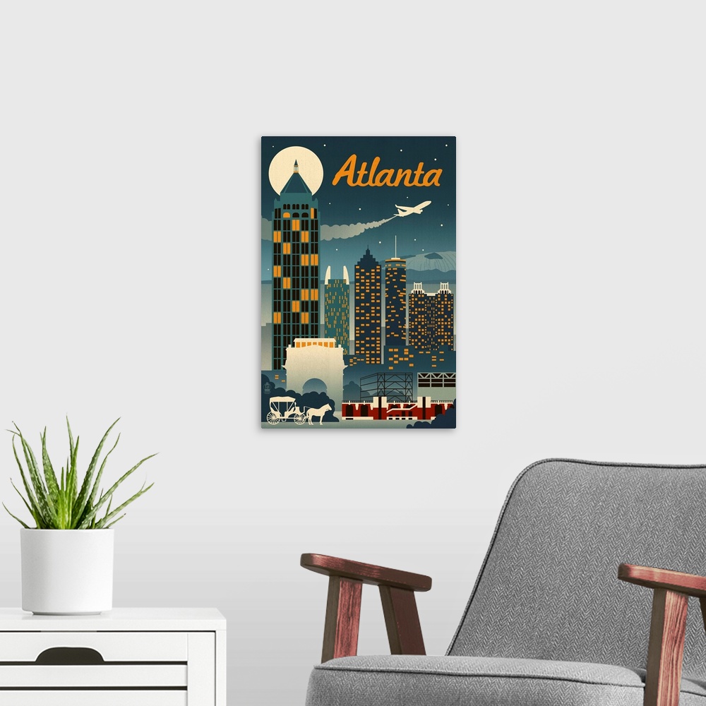 A modern room featuring Atlanta, Georgia - Retro Skyline: Retro Travel Poster