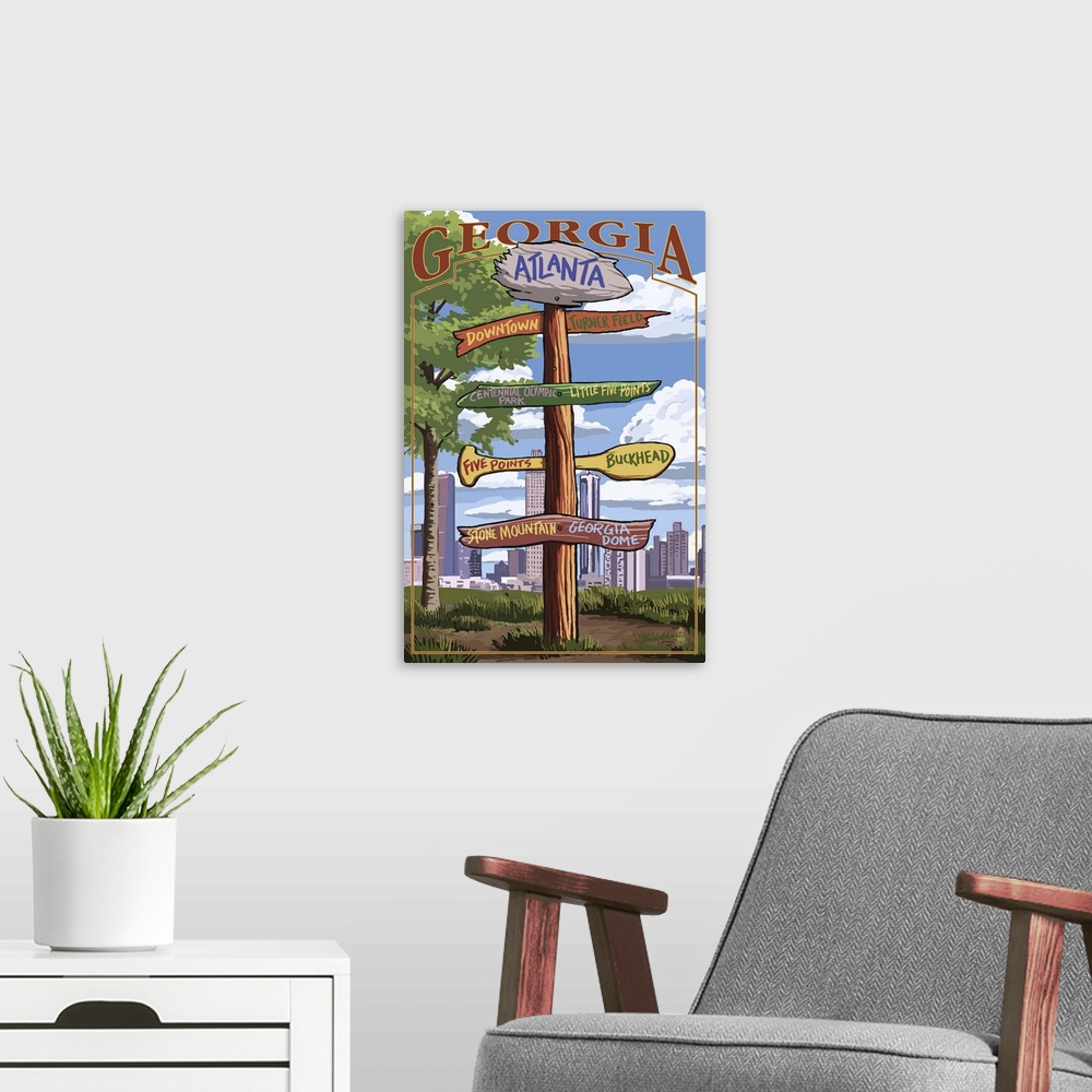 A modern room featuring Atlanta, Georgia - Signpost Destinations: Retro Travel Poster