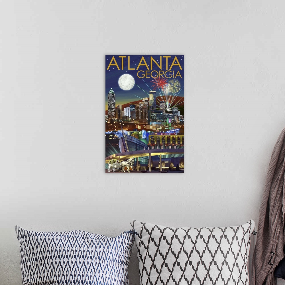 A bohemian room featuring Atlanta, Georgia - Skyline at Night: Retro Travel Poster