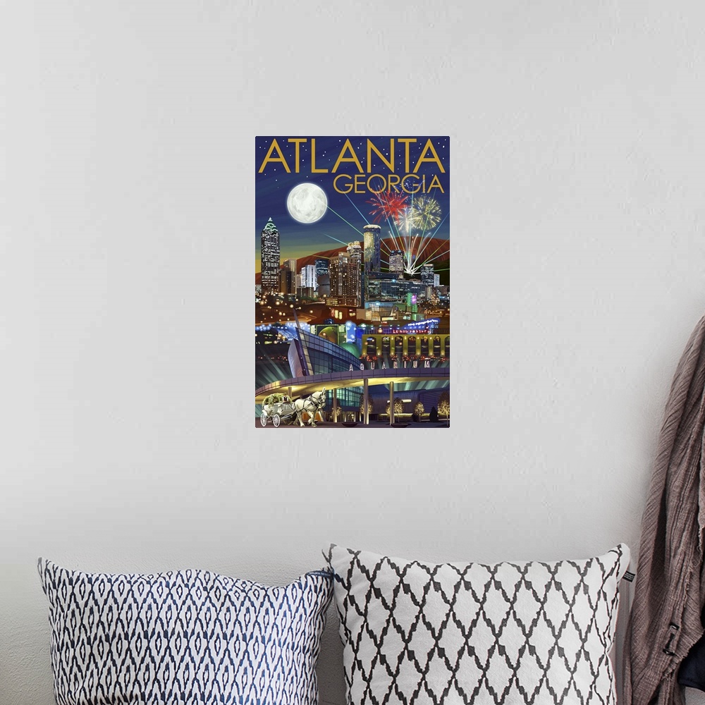 A bohemian room featuring Atlanta, Georgia - Skyline at Night: Retro Travel Poster