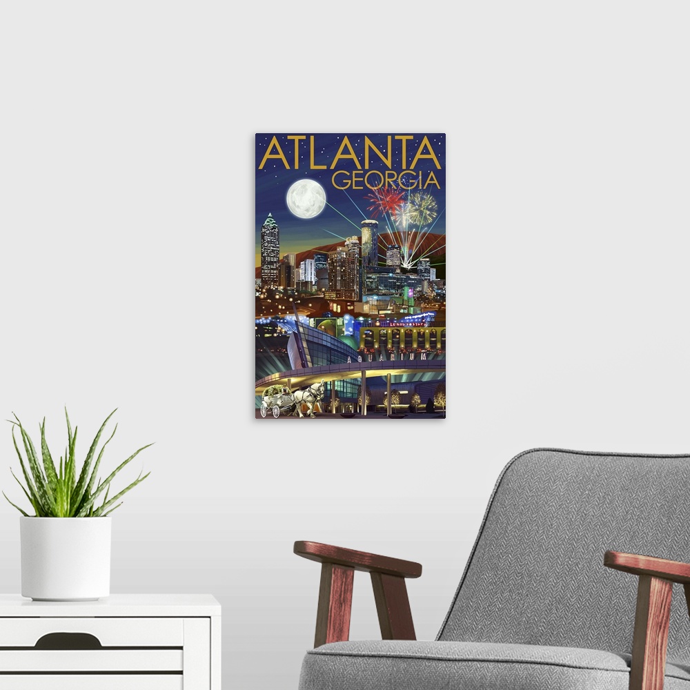 A modern room featuring Atlanta, Georgia - Skyline at Night: Retro Travel Poster