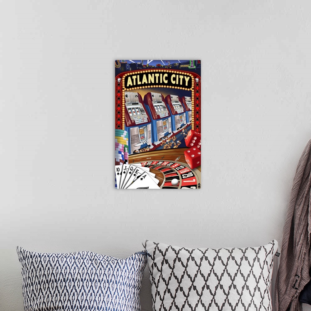 A bohemian room featuring Atlantic City - Casino Scene: Retro Travel Poster
