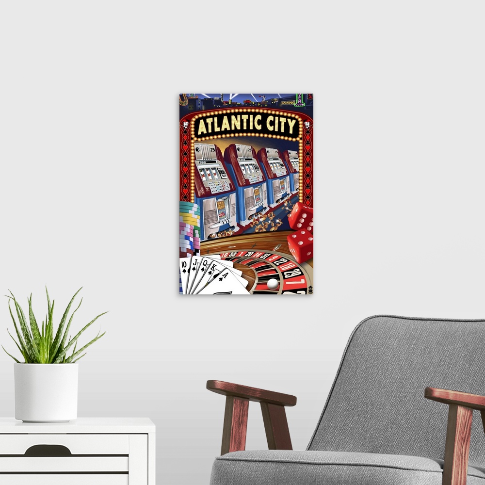 A modern room featuring Atlantic City - Casino Scene: Retro Travel Poster