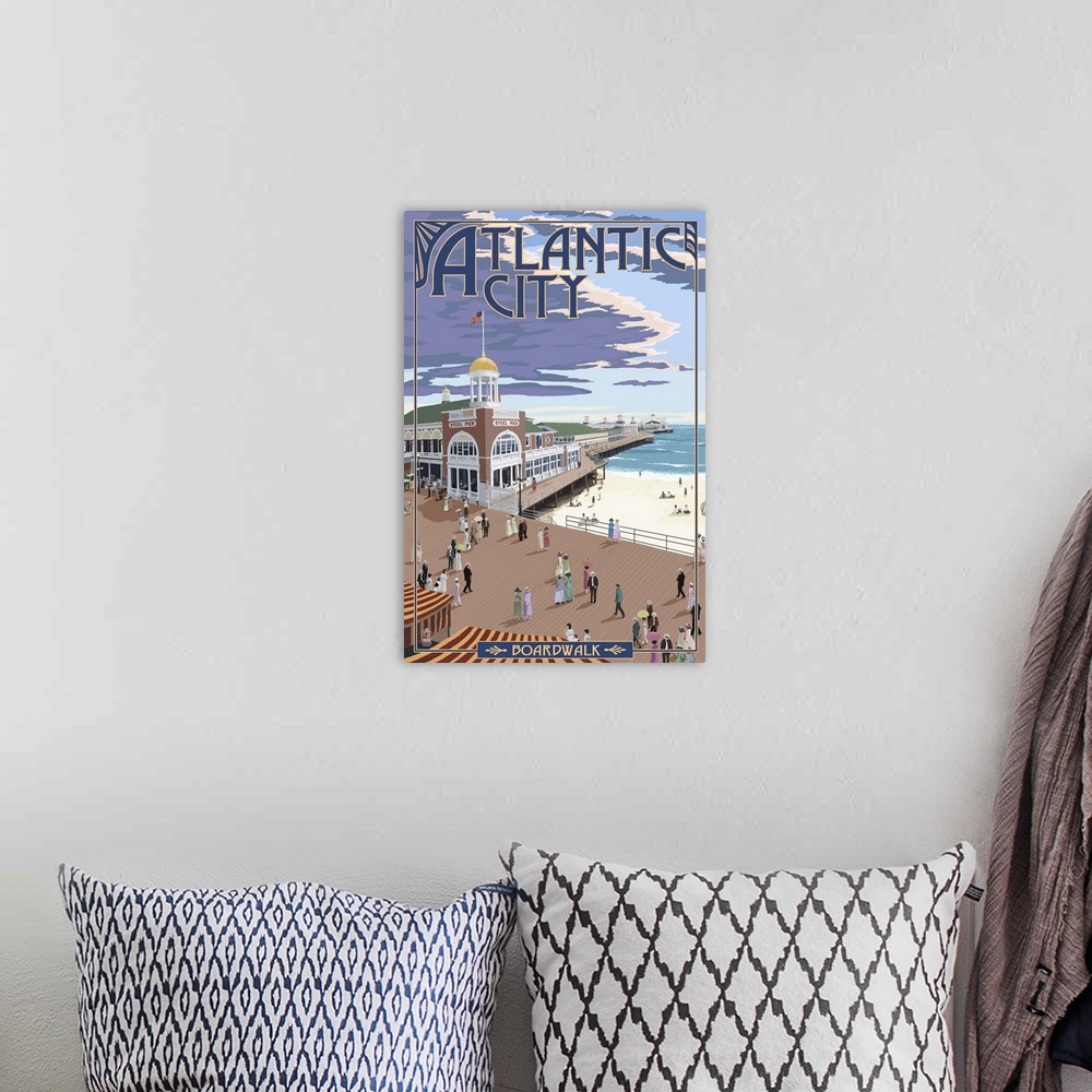 A bohemian room featuring Atlantic City, New Jersey - Boardwalk: Retro Travel Poster