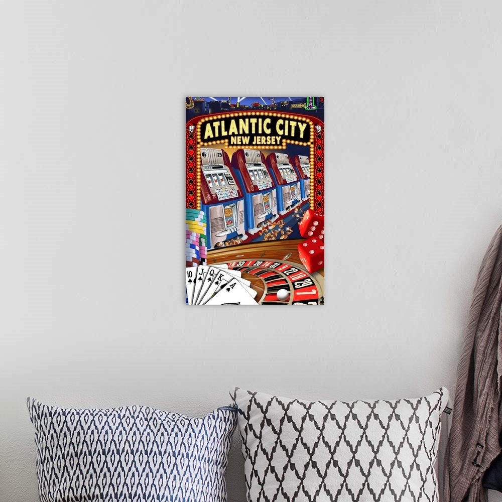 A bohemian room featuring Atlantic City, New Jersey - Casino Scene: Retro Travel Poster