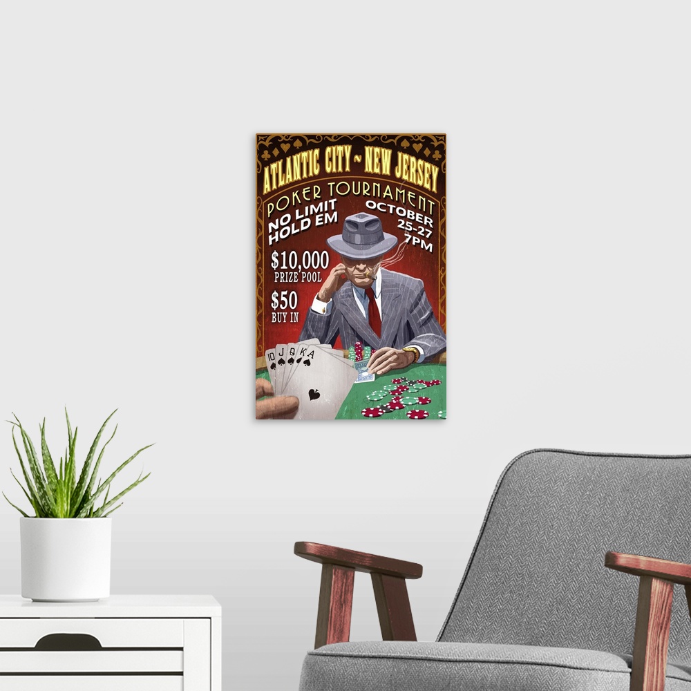 A modern room featuring Atlantic City, New Jersey - Poker Tournament Vintage Sign: Retro Travel Poster