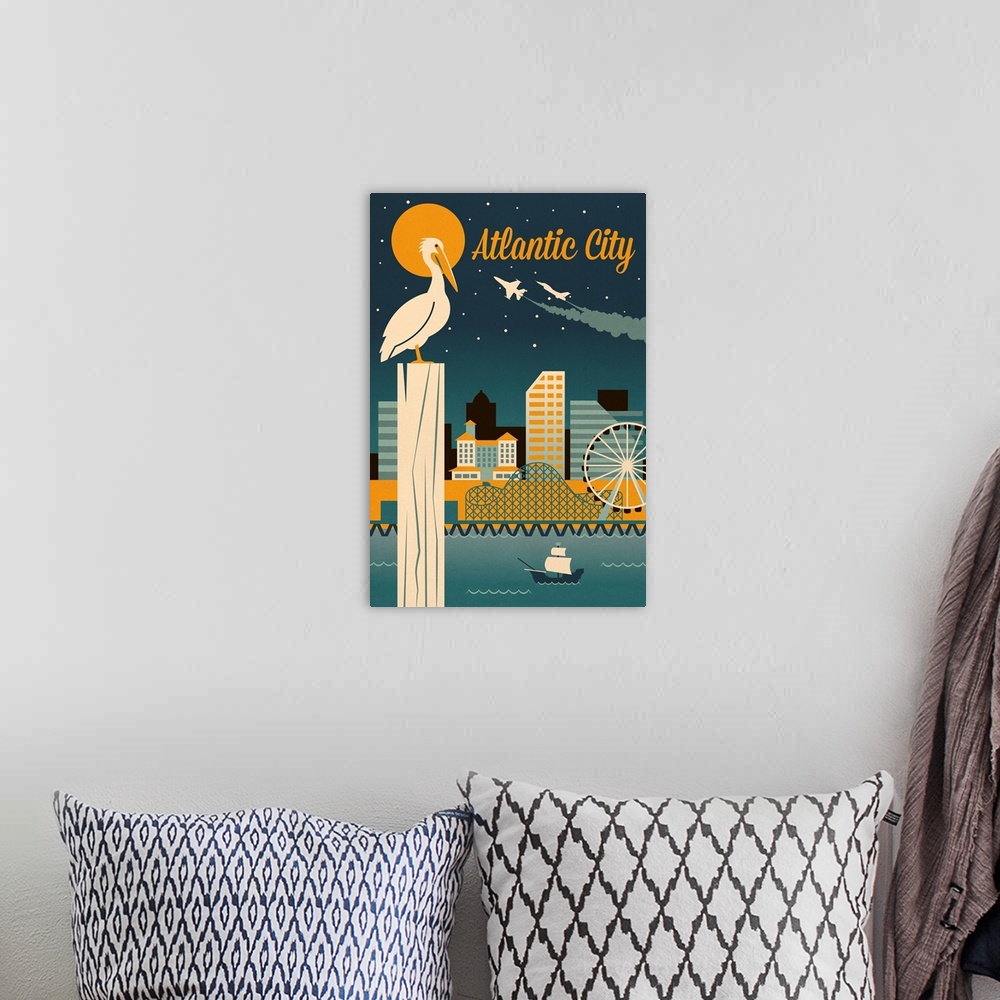A bohemian room featuring Atlantic City, New Jersey - Retro Skyline Classic Series
