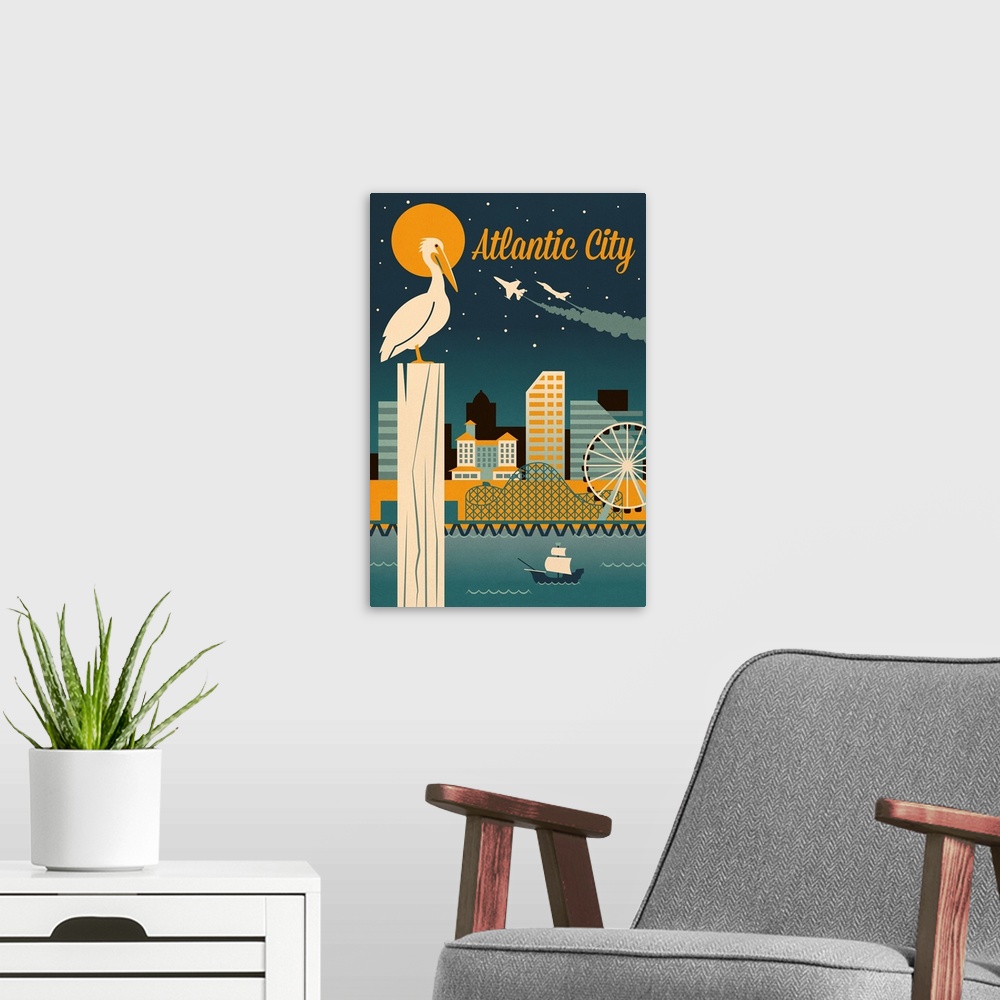 A modern room featuring Atlantic City, New Jersey - Retro Skyline Classic Series