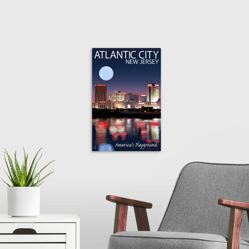 A modern room featuring Atlantic City, New Jersey - Skyline at Night: Retro Travel Poster
