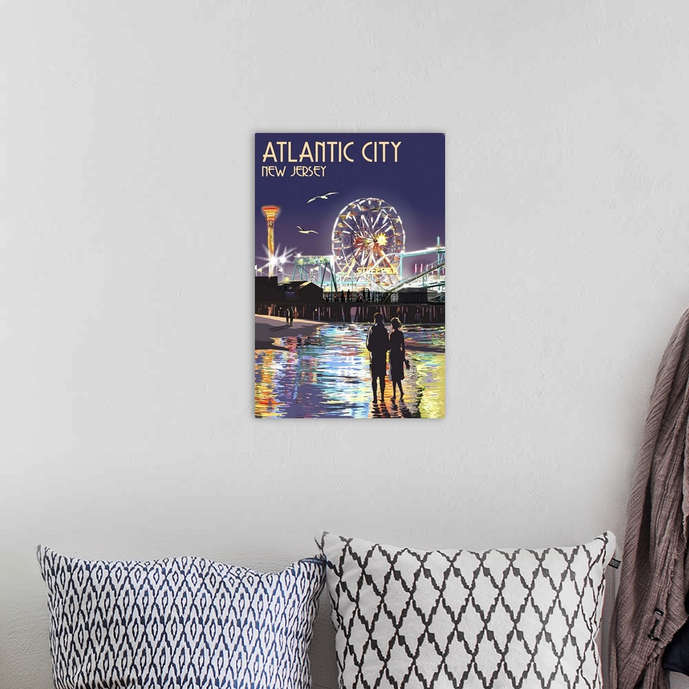A bohemian room featuring Atlantic City, New Jersey - Steel Pier at Night: Retro Travel Poster