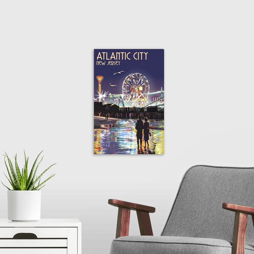 A modern room featuring Atlantic City, New Jersey - Steel Pier at Night: Retro Travel Poster