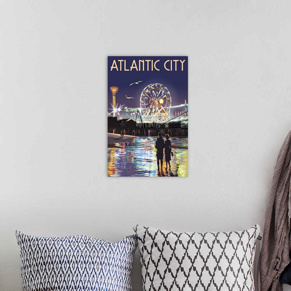 A bohemian room featuring Atlantic City - Steel Pier at Night: Retro Travel Poster