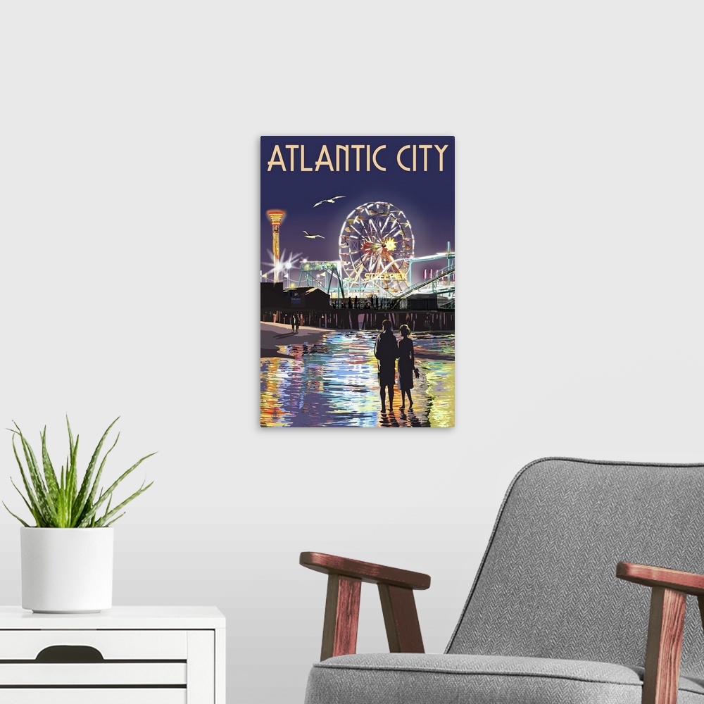 A modern room featuring Atlantic City - Steel Pier at Night: Retro Travel Poster