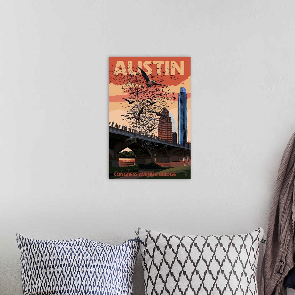 A bohemian room featuring Austin, Texas - Bats and Congress Avenue Bridge: Retro Travel Poster