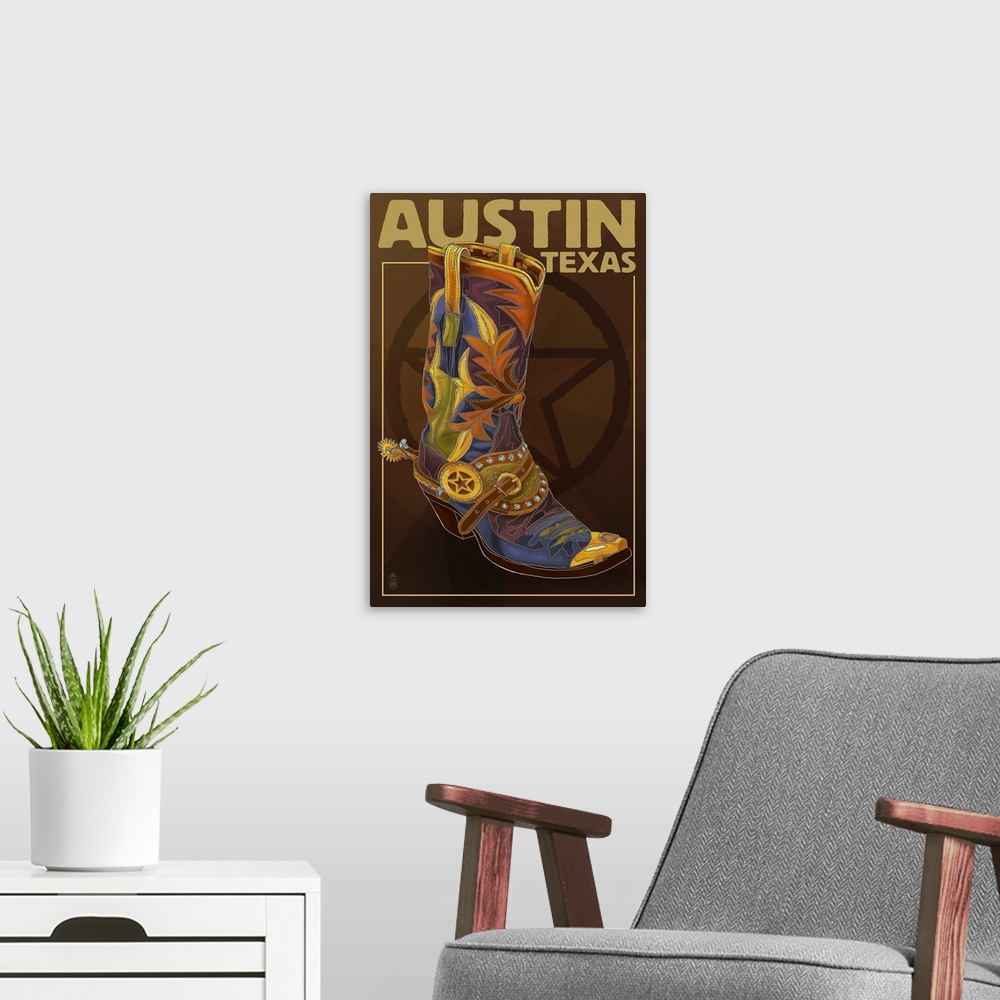 A modern room featuring Austin, Texas - Boot and Star: Retro Travel Poster