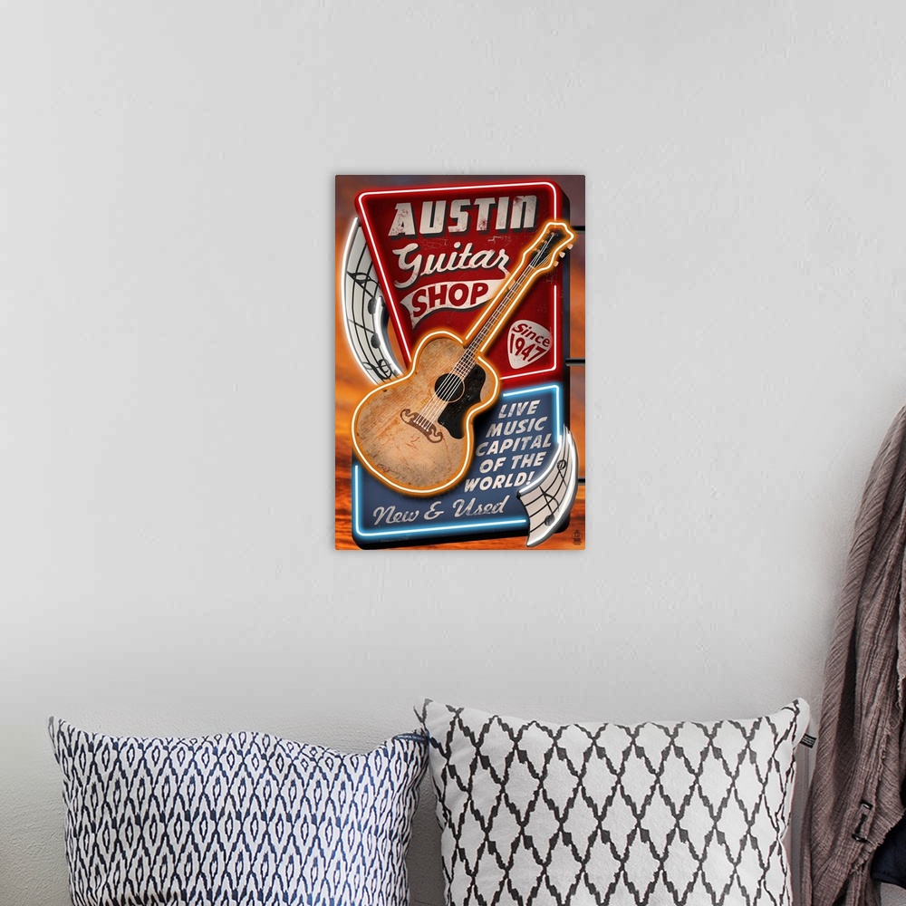 A bohemian room featuring Austin, Texas - Guitar Shop Vintage Sign: Retro Travel Poster