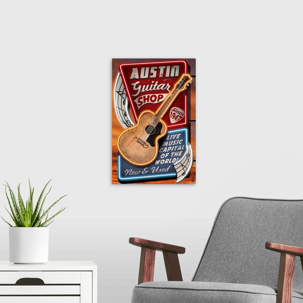 A modern room featuring Austin, Texas - Guitar Shop Vintage Sign: Retro Travel Poster