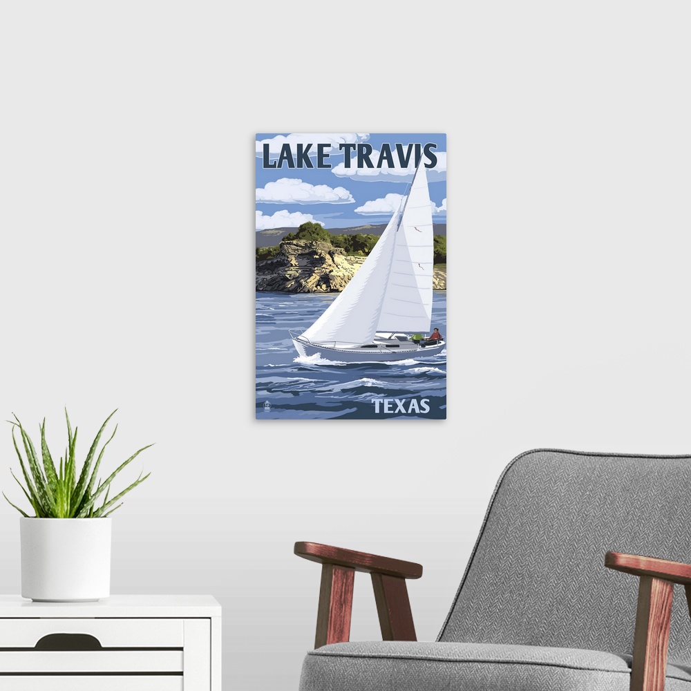 A modern room featuring Austin, Texas - Lake Travis Sailing Scene: Retro Travel Poster