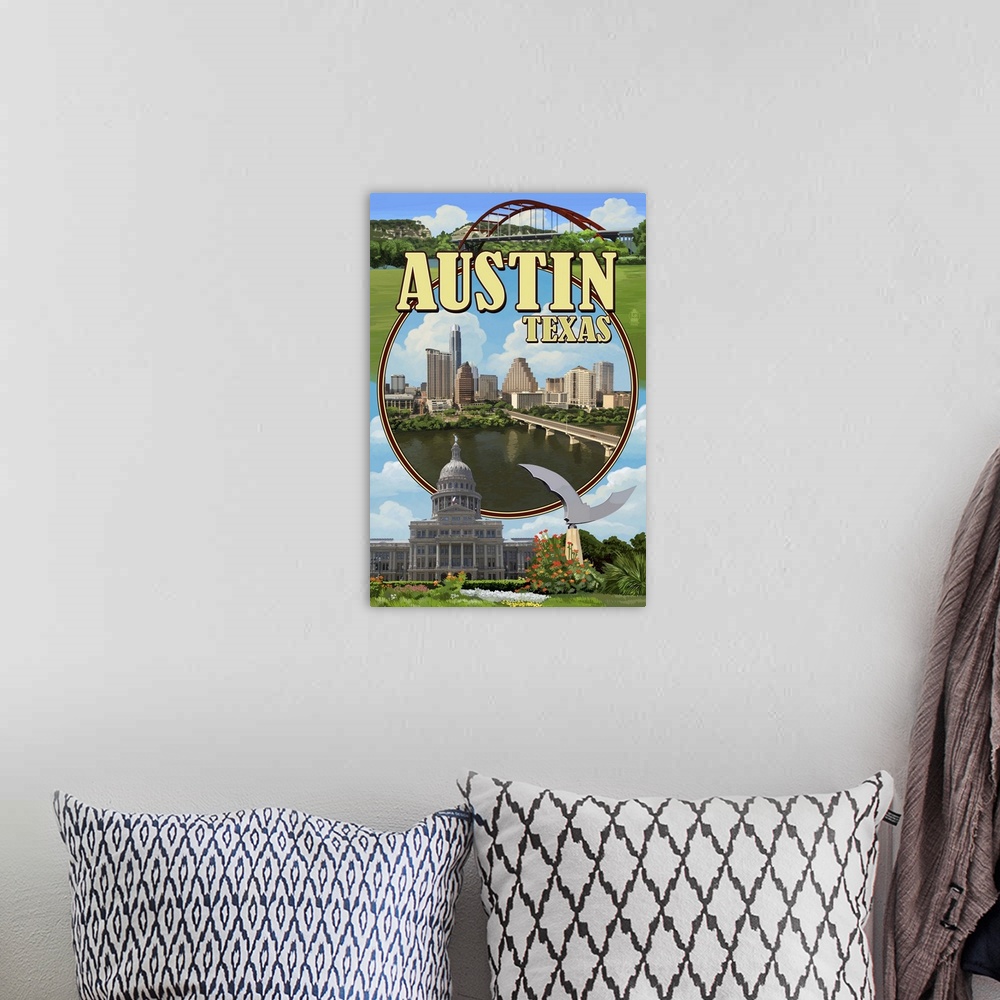 A bohemian room featuring Austin, Texas - Montage Scenes: Retro Travel Poster