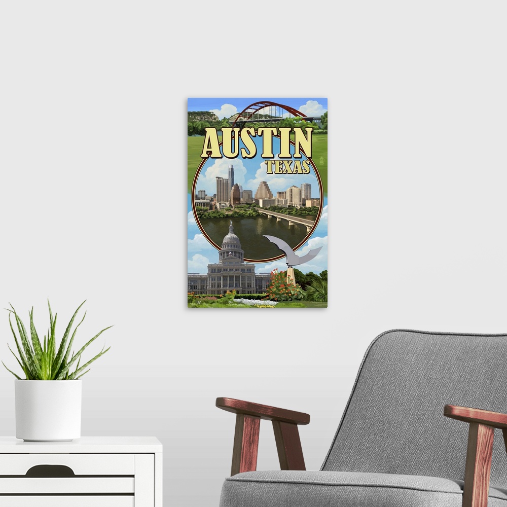 A modern room featuring Austin, Texas - Montage Scenes: Retro Travel Poster