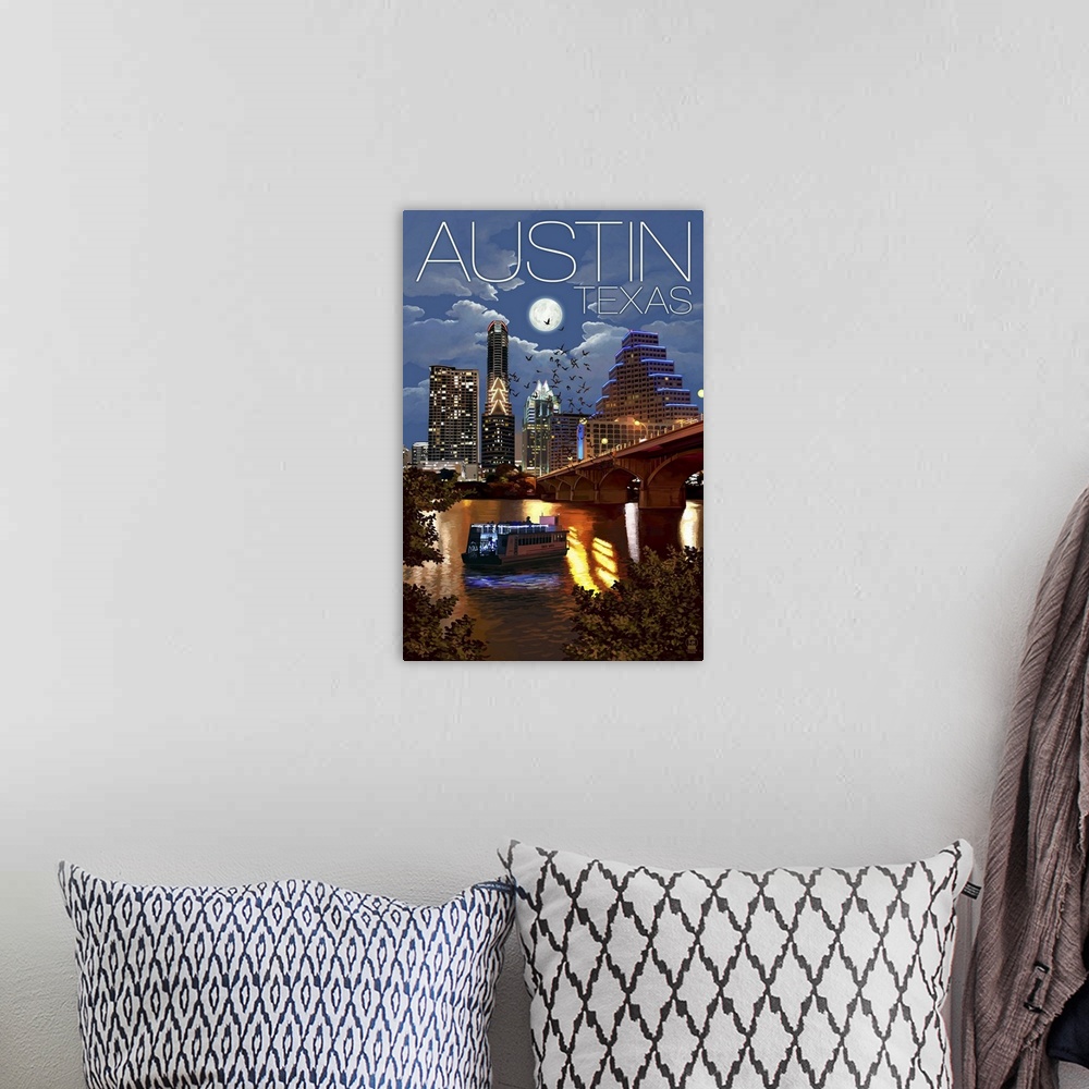 A bohemian room featuring Austin, Texas - Skyline at Night: Retro Travel Poster