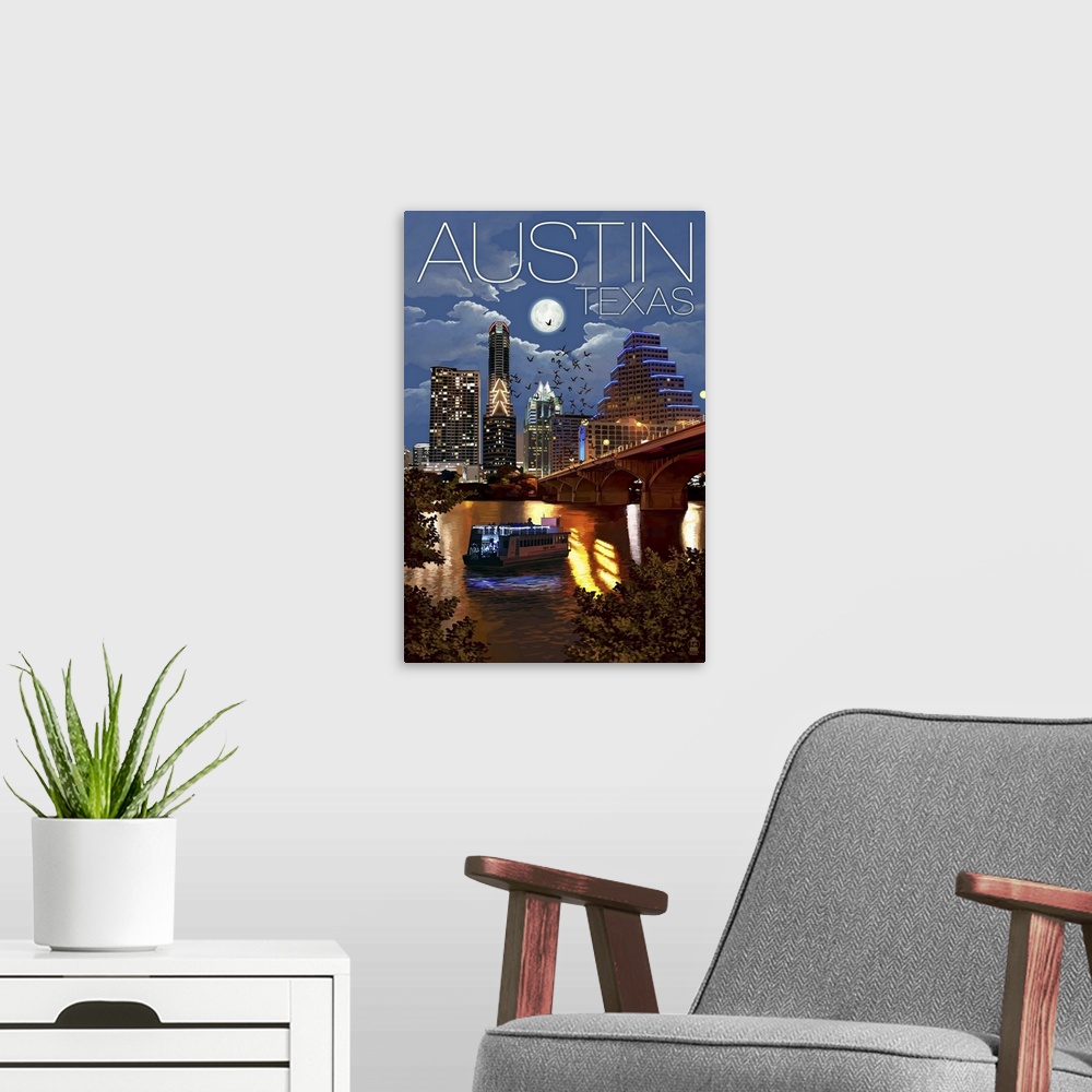 A modern room featuring Austin, Texas - Skyline at Night: Retro Travel Poster