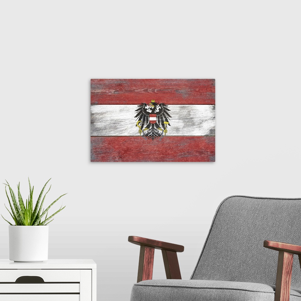 A modern room featuring The flag of Austria with a weathered wooden board effect.