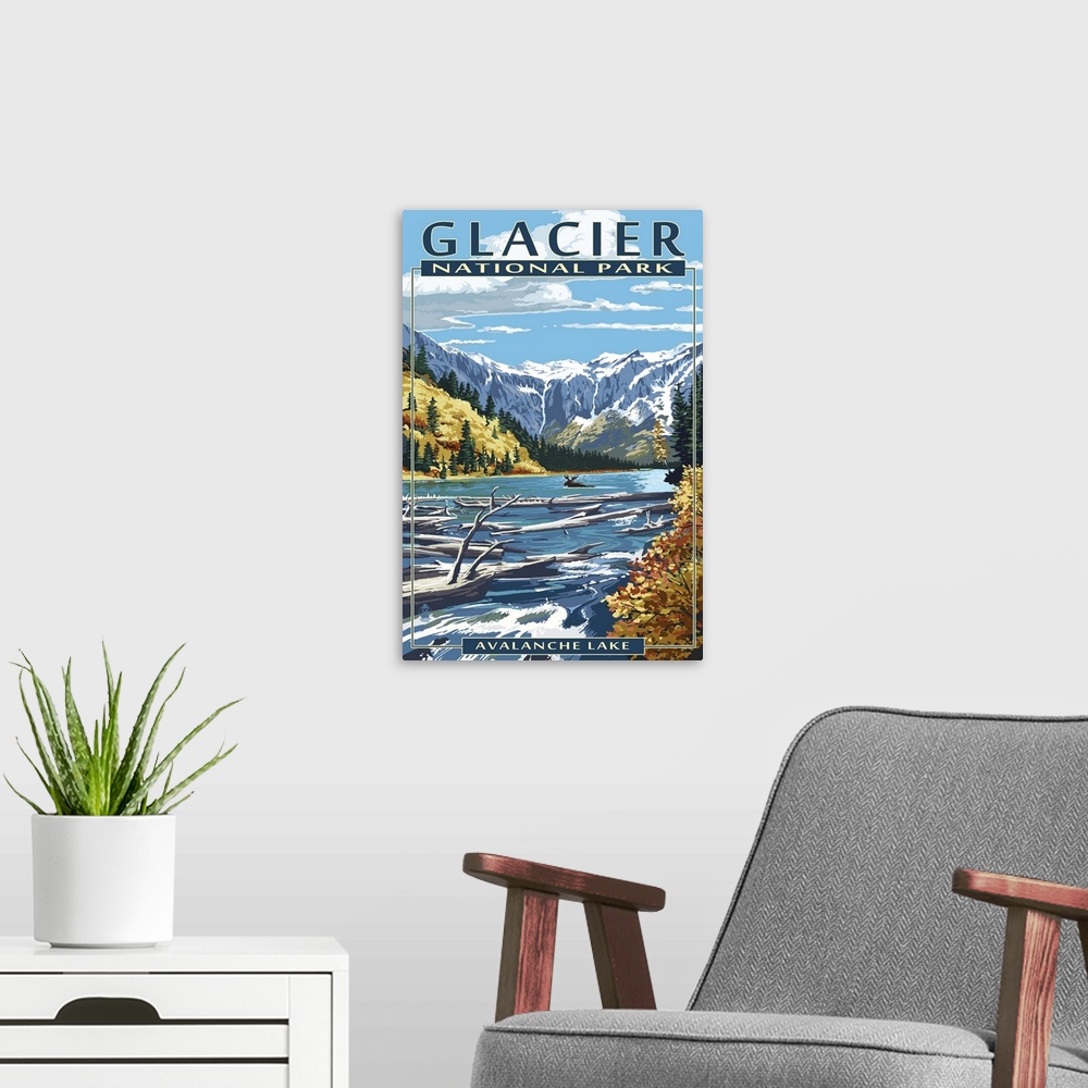 A modern room featuring Retro inspired artwork of snow covered mountains, a bull moose swimming through a river, and a lo...