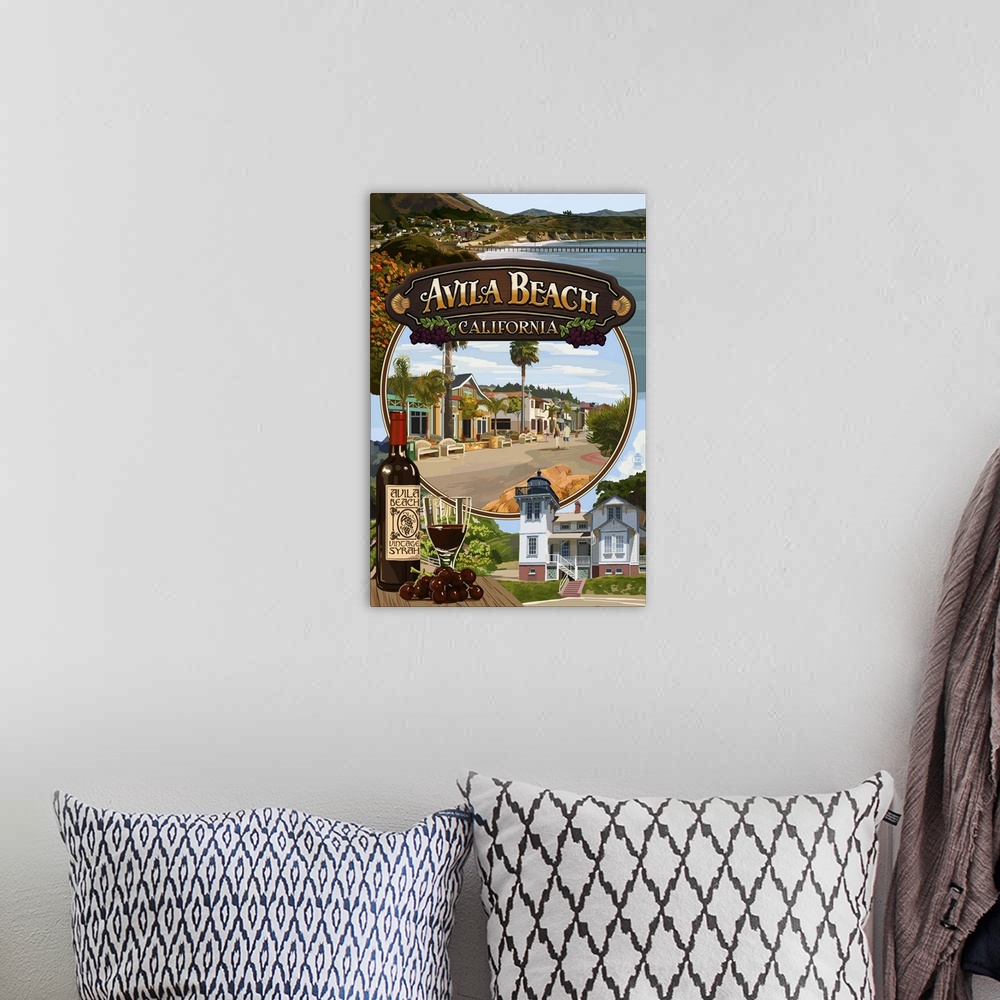 A bohemian room featuring Retro stylized art poster of a montage of images from a coastal town.